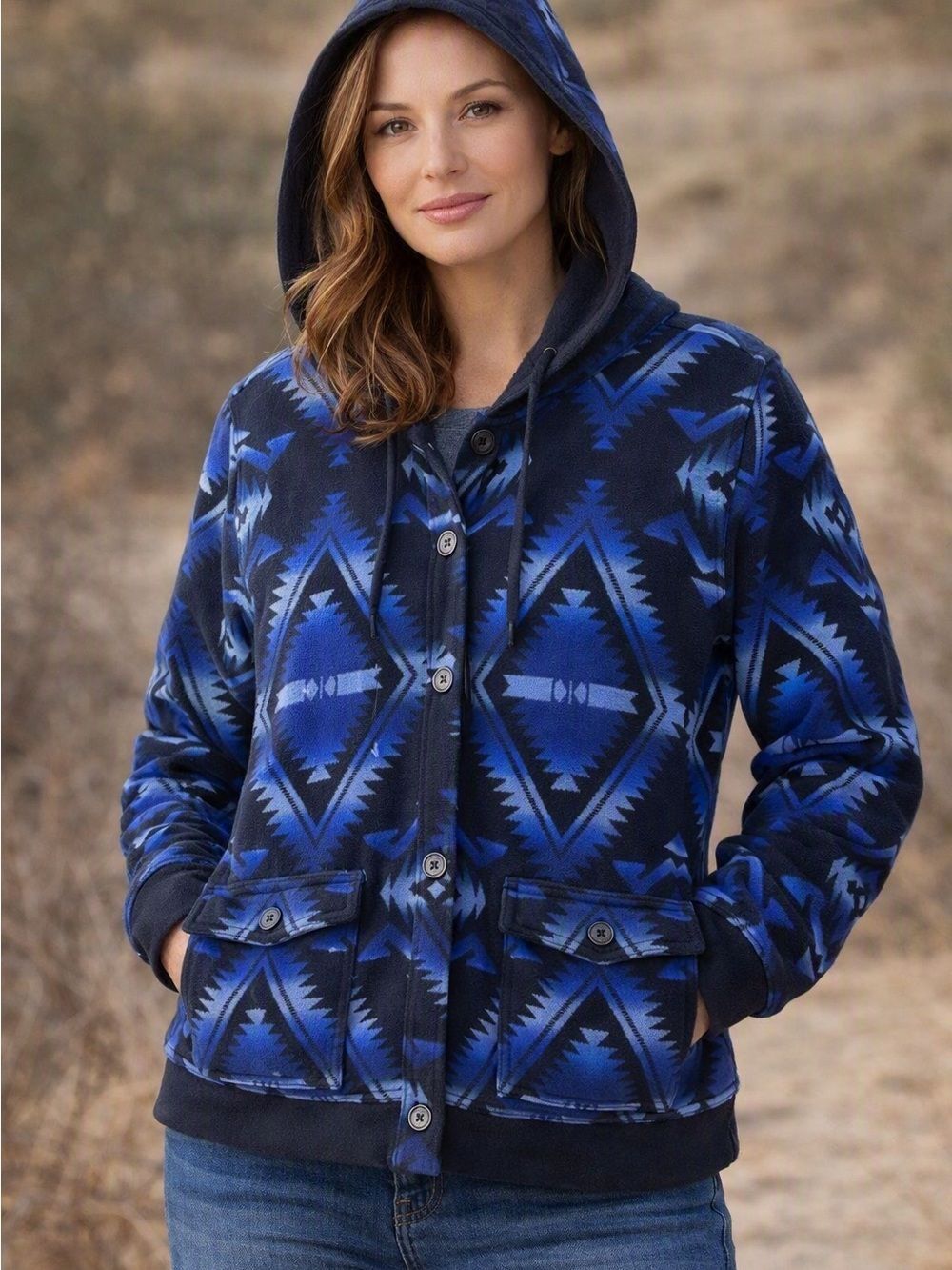 Ralph Lauren Southwest Bomber Jacket XL S Aztec Button Hood Blue Fleece Women